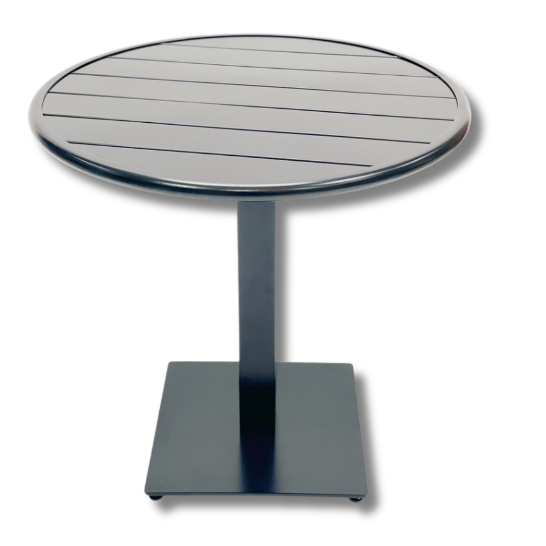 Round cafe table with black-and-white striped tabletop and a black pedestal base.