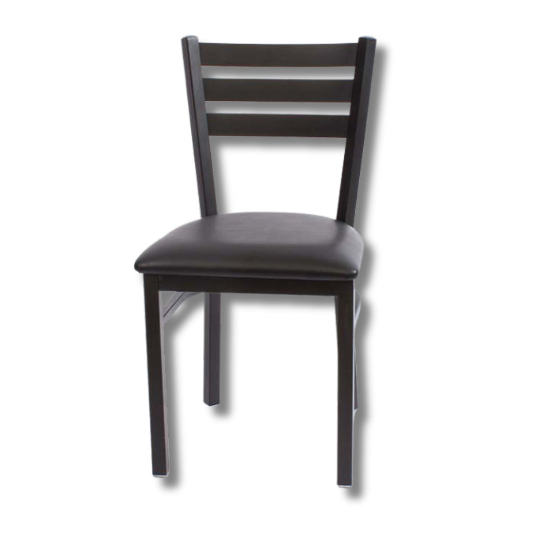 Black dining chair with cushioned seat and slatted backrest.