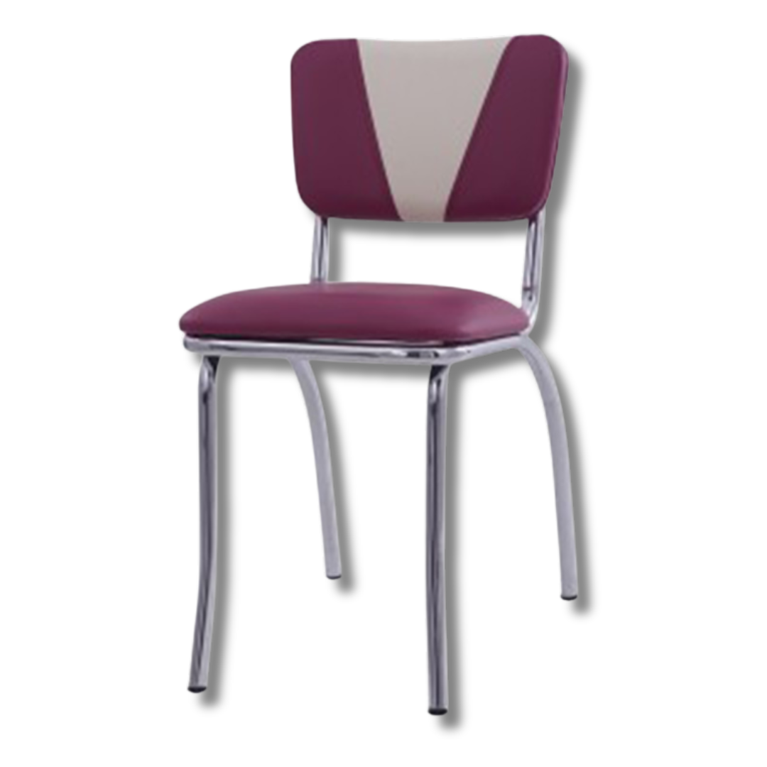 Contemporary chair with purple and gray upholstered seat and a sleek black frame.