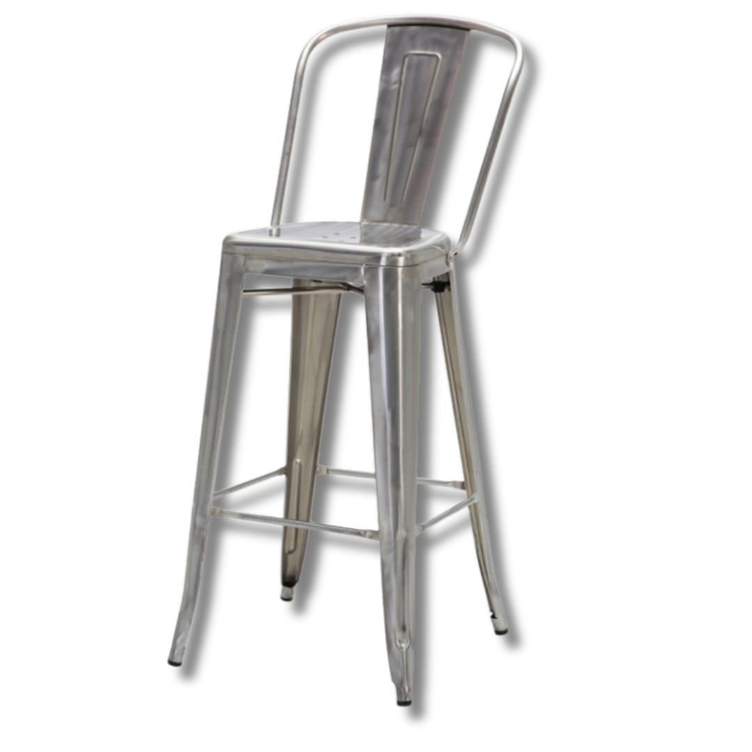 Metallic bar stool with a classic design and a round, cushioned seat.