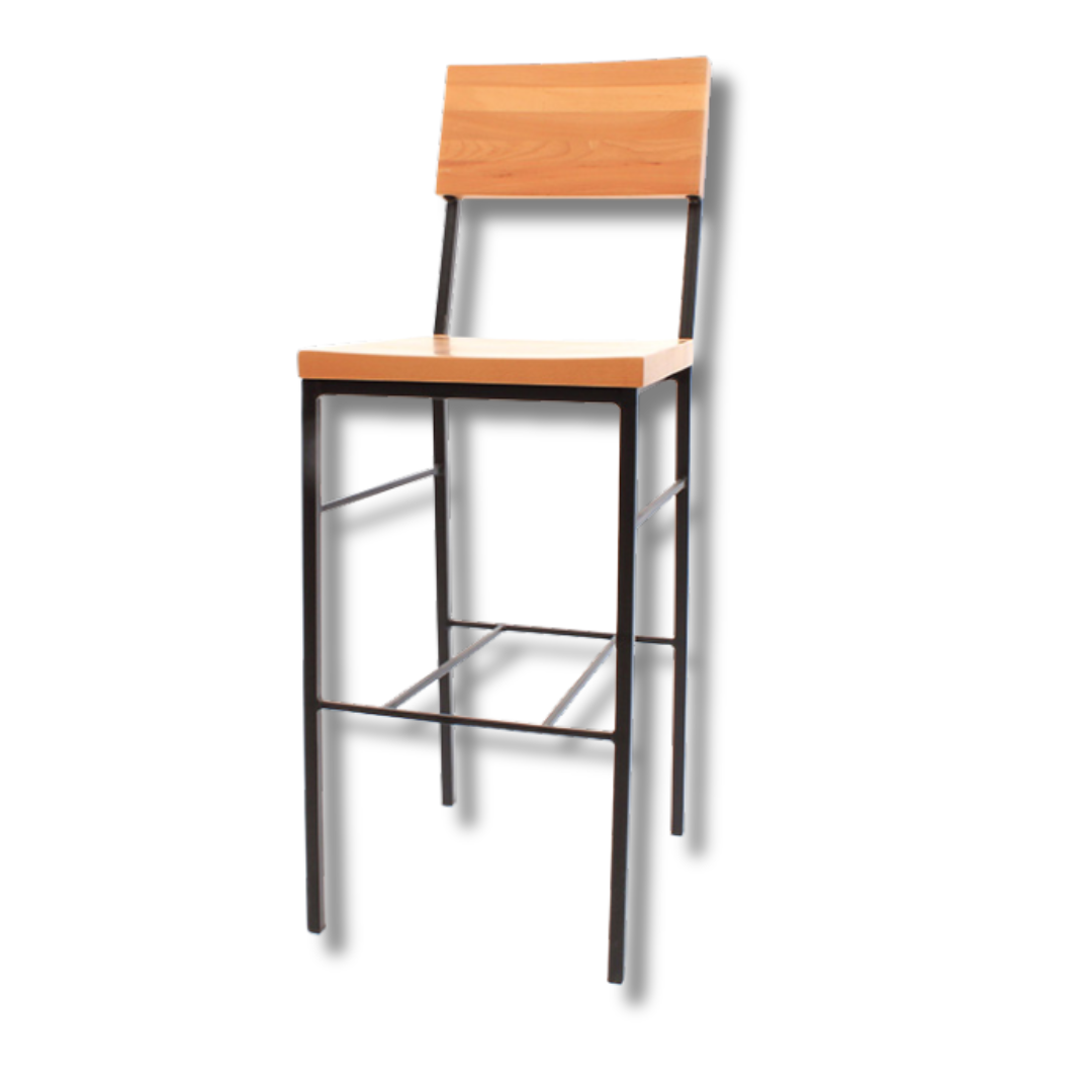 A wooden bar stool with a high back and orange seat cushion.