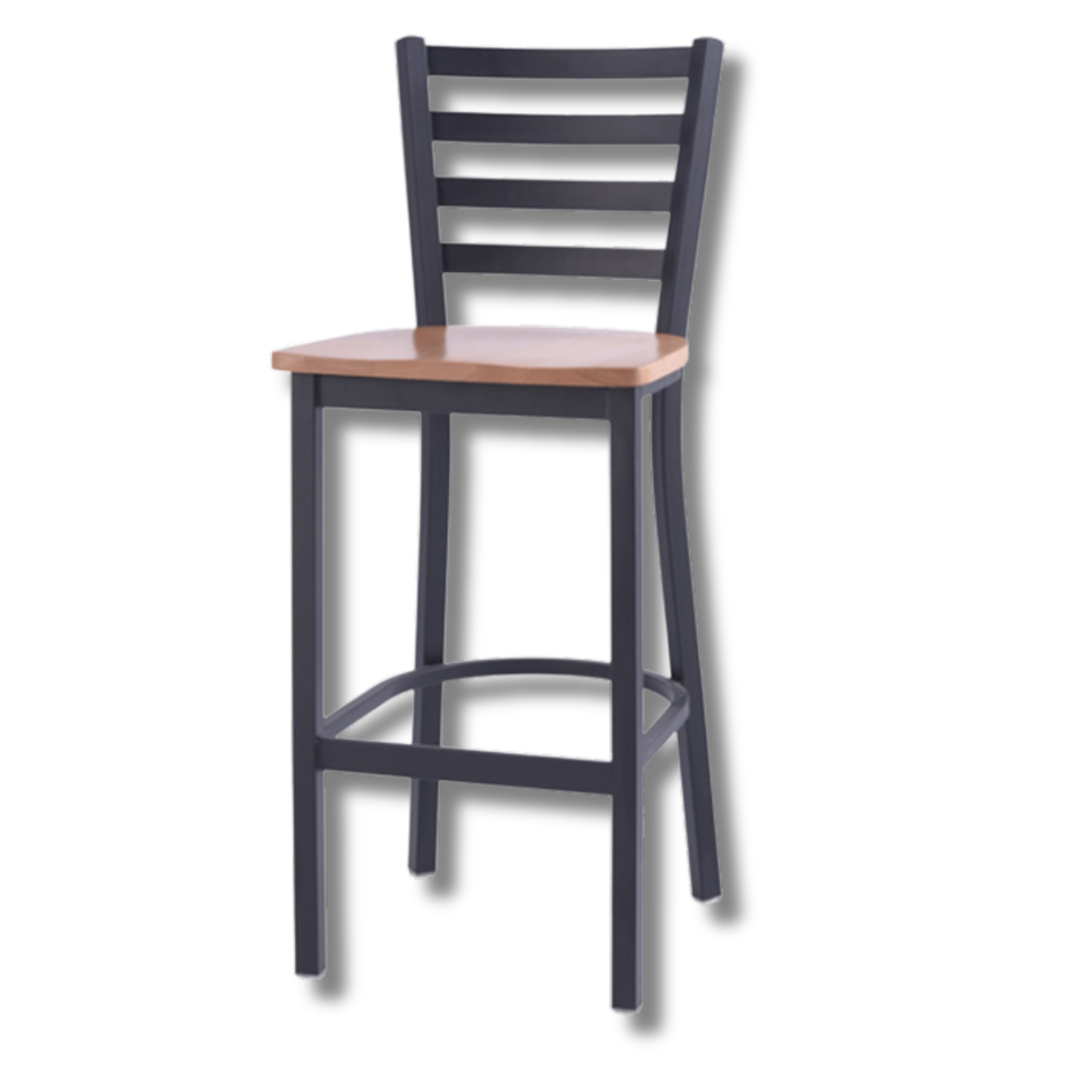 A dark wood counter stool with horizontal back slats and square seat.