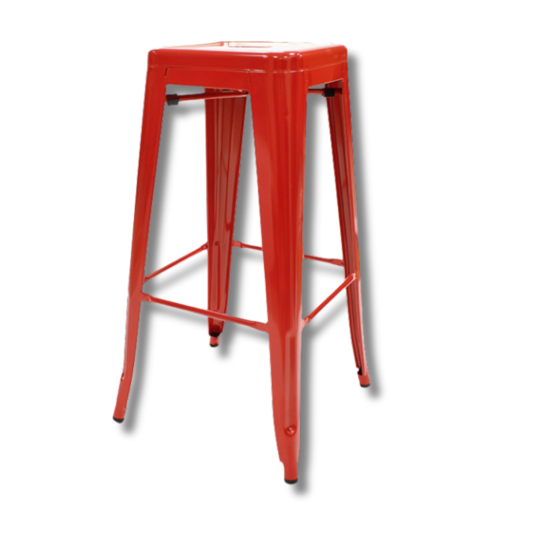 A bright red modern bar stool with a sturdy back and squared legs.