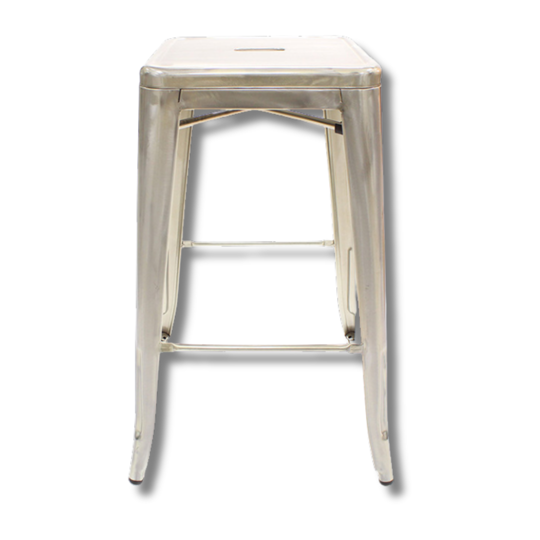 A metallic silver industrial-style bar stool with a backrest.