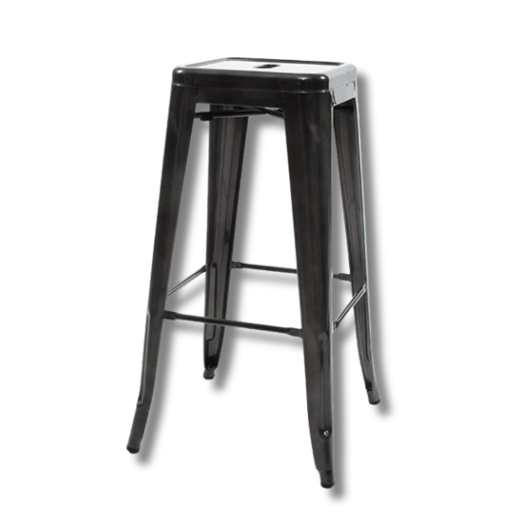 A tall black bar stool with slender metal legs and a round seat.