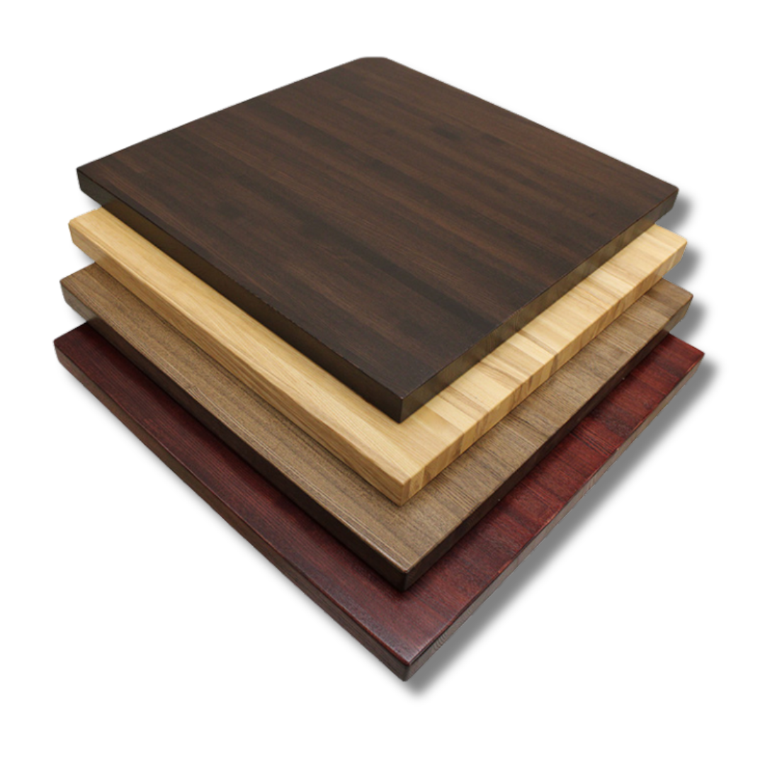 A stack of wooden boards in different shades of brown, showcasing various wood samples or finishes.