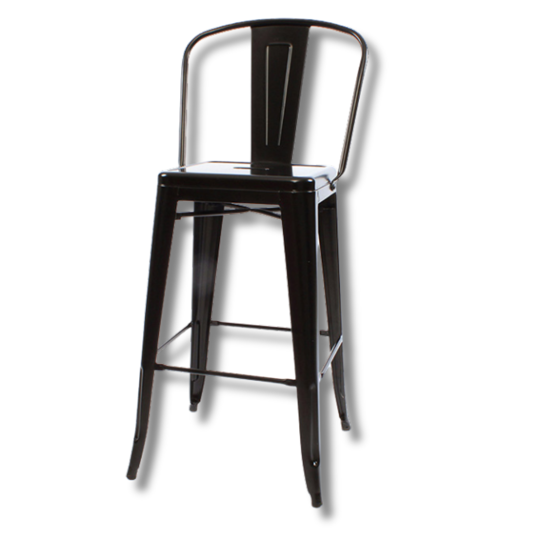 Black metal bar stool with a curved backrest and wooden seat.