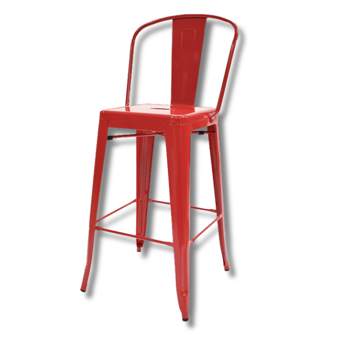 A classic red dining chair with a curved backrest and metal frame.