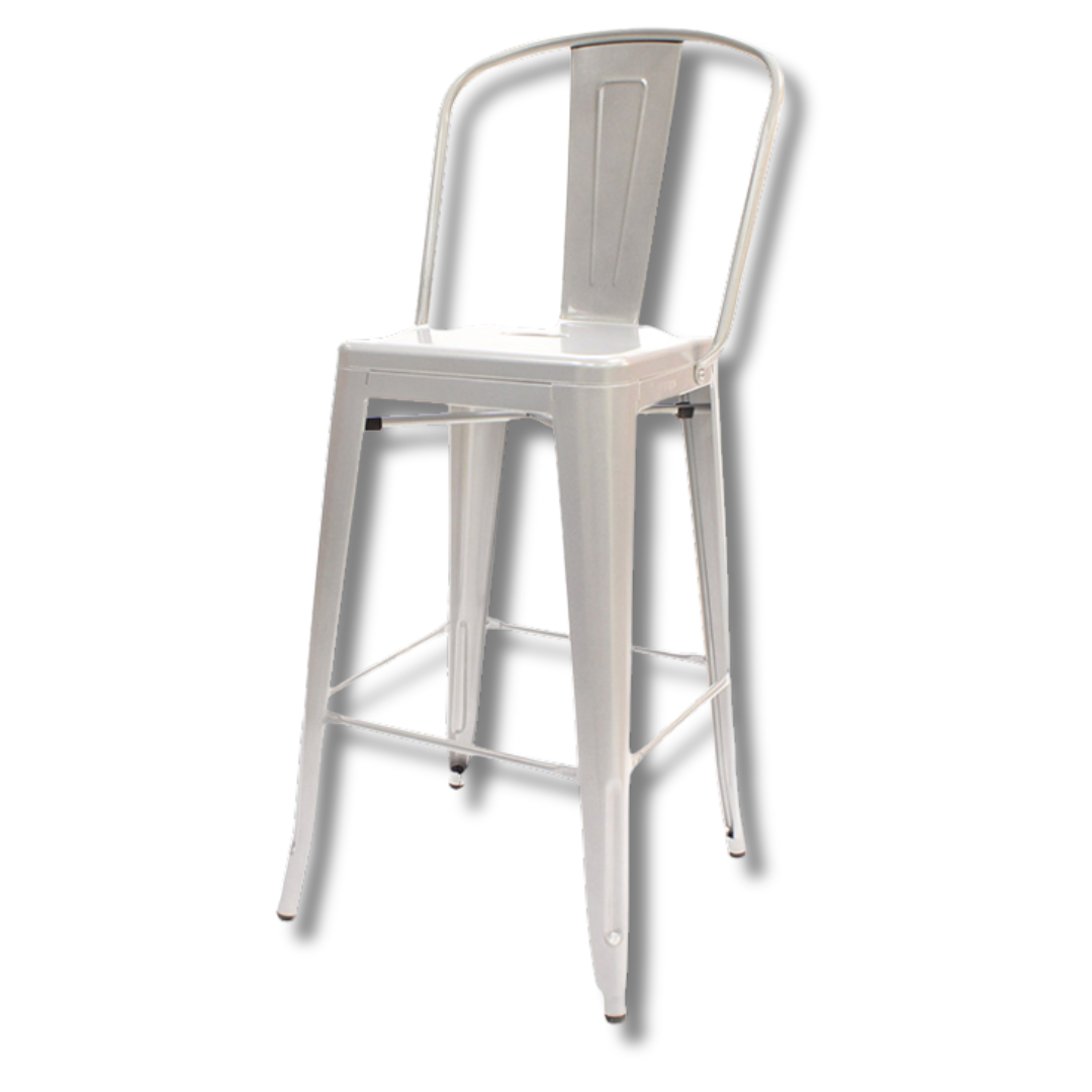 White metal bar stool with a squared backrest and round wooden seat.