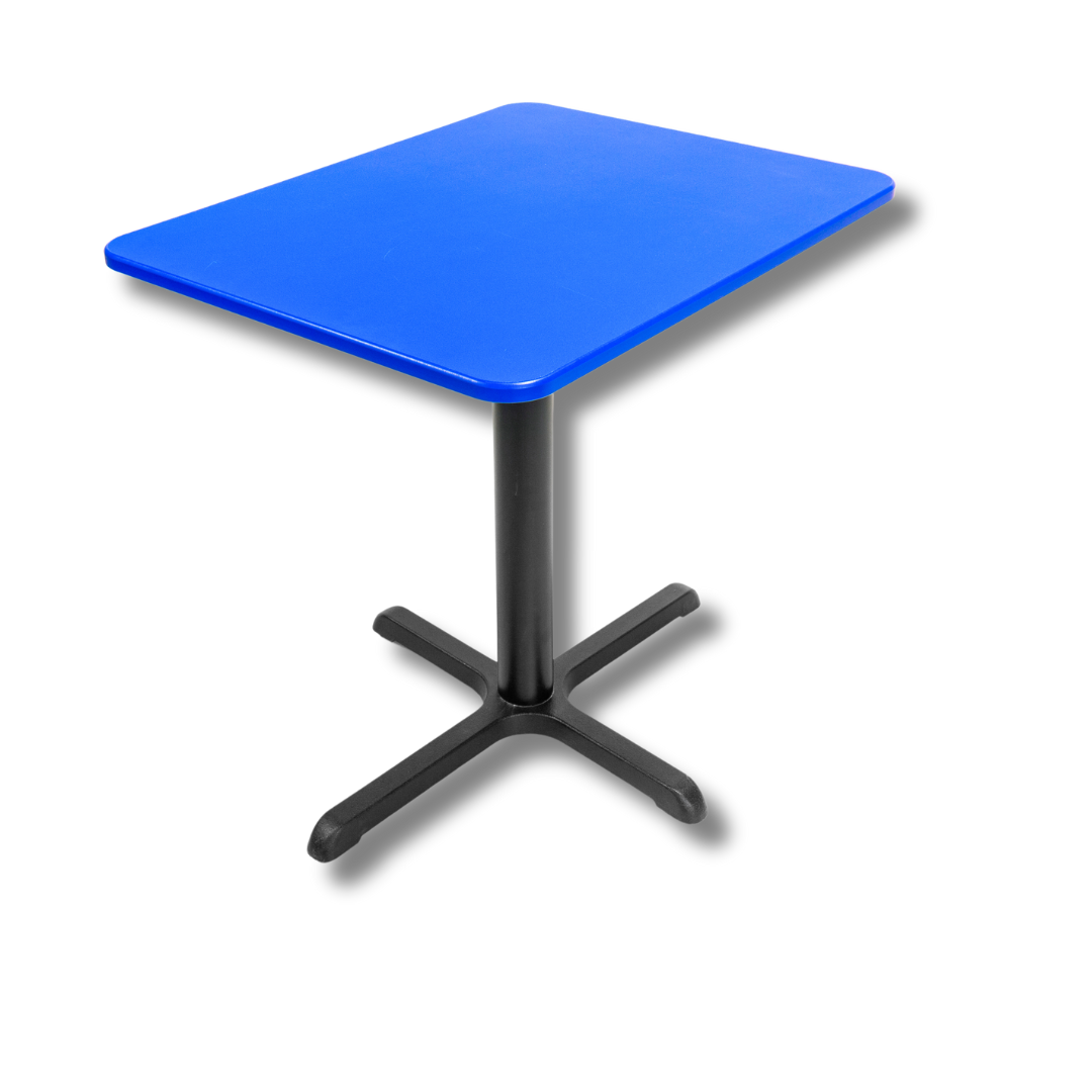 Blue square tabletop on a black metal pedestal base.