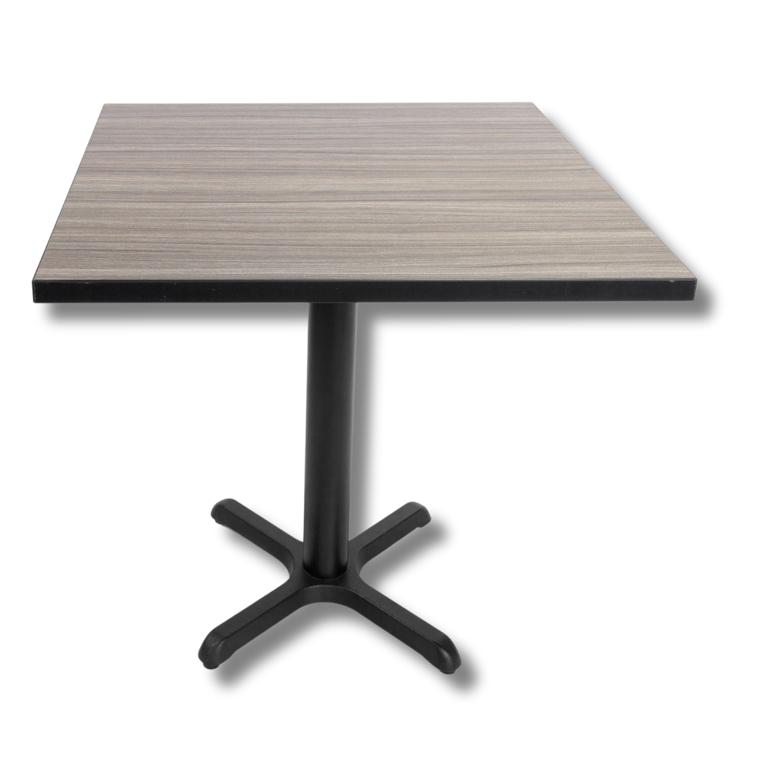 A square wooden table with a black X-shaped base.