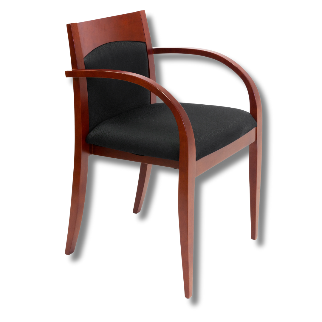 A bentwood armchair with dark wood finish and black seat cushion.