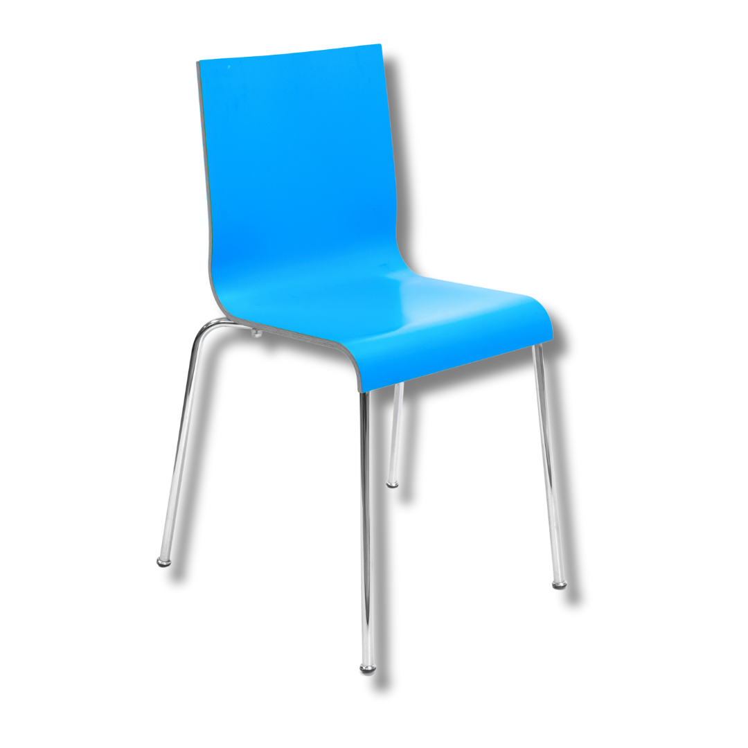 A minimalist blue plastic chair with a slim profile and chrome legs.