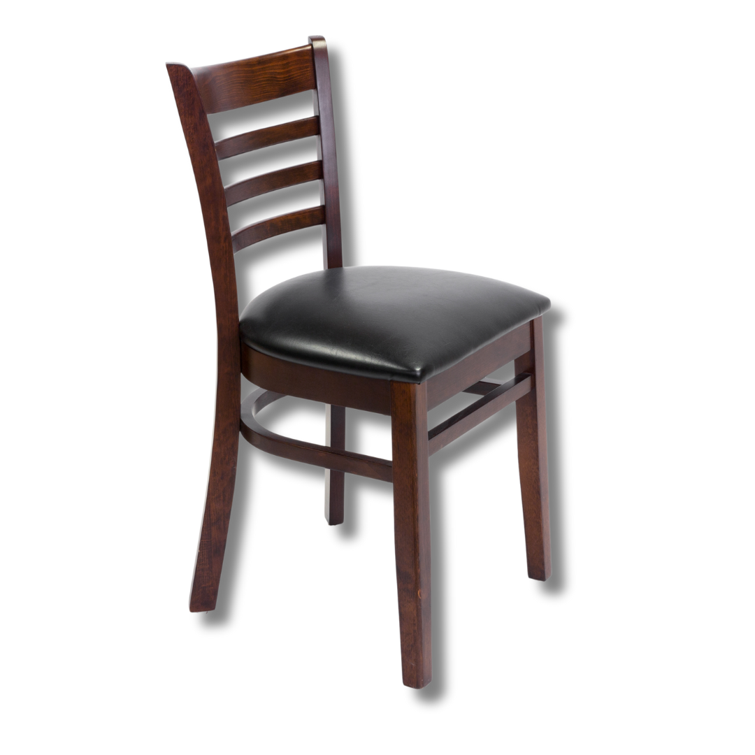 A classic wooden dining chair with a curved back and dark finish.