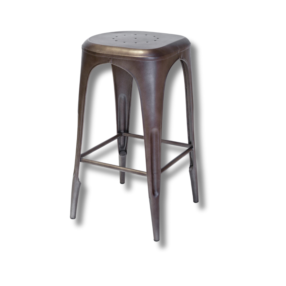 An industrial, rounded metal bar stool with a meatal footrest