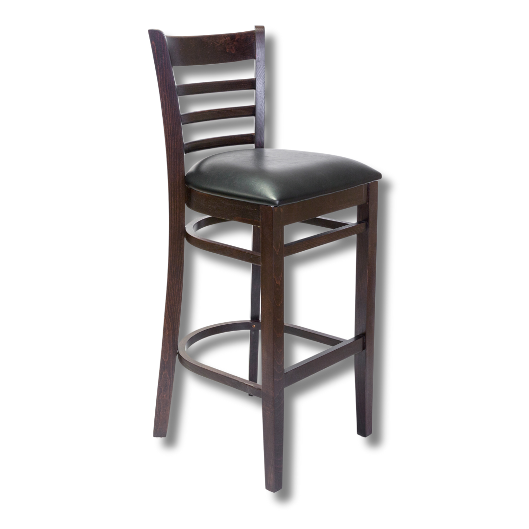 A three slat wooden barstool with black seating and square footrest.