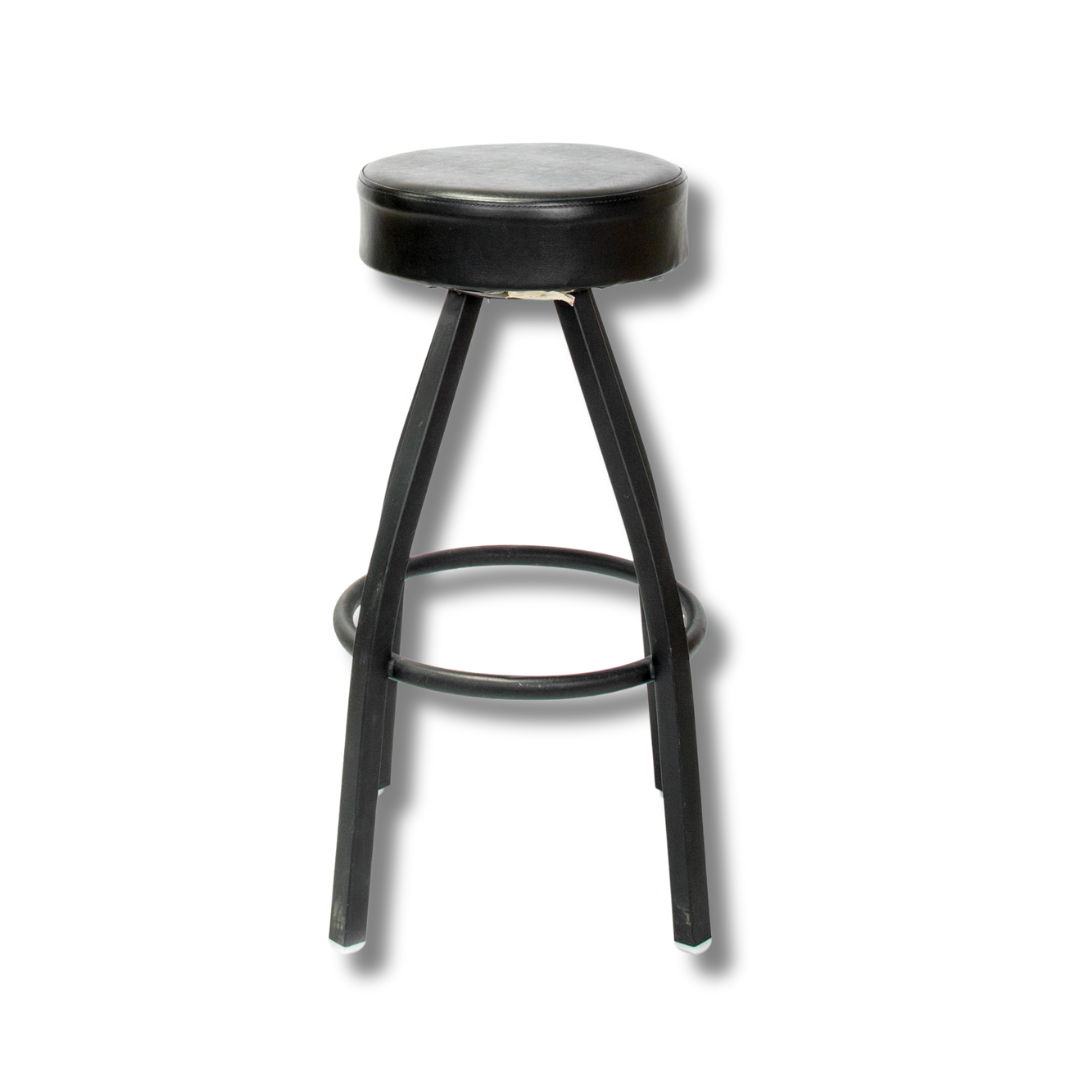 A simple black round bar stool with four metal legs and circular metal footrest.