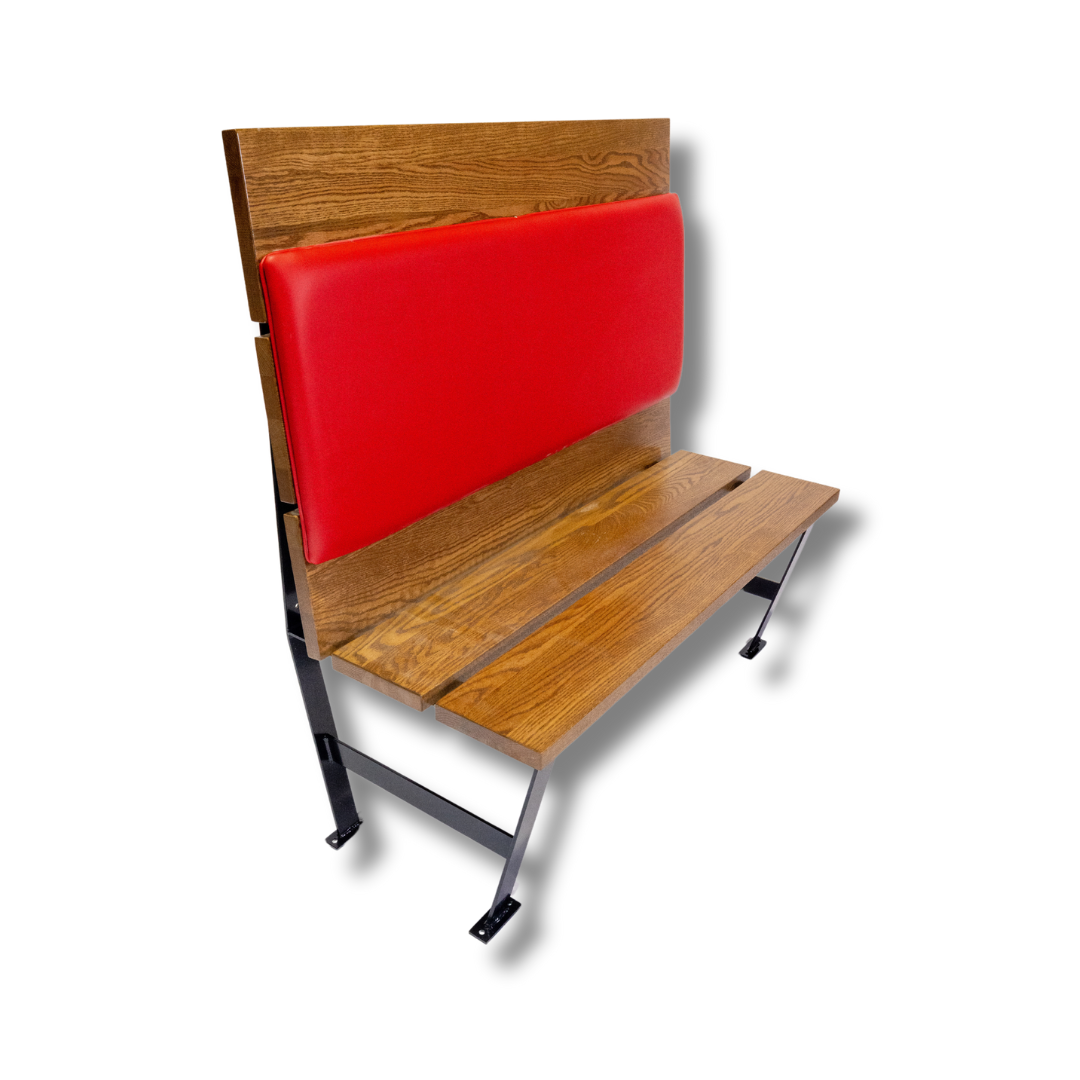 A modern bench with a bold red upholstered seat and black metal legs