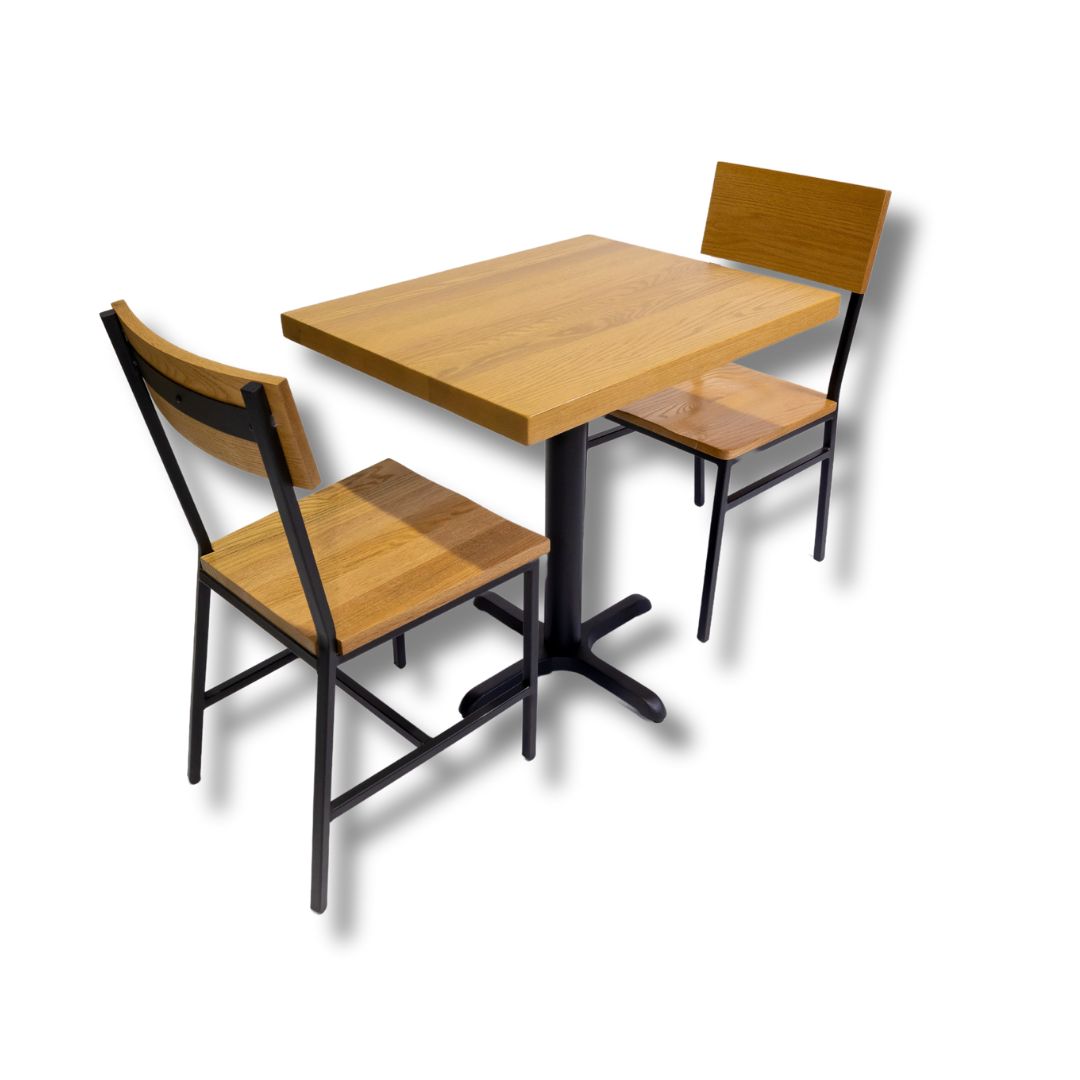 A dining set comprising a wooden square table with two matching chairs; the chairs have a curved wooden backrest and seat, and a black metal frame, seen against a dark background.