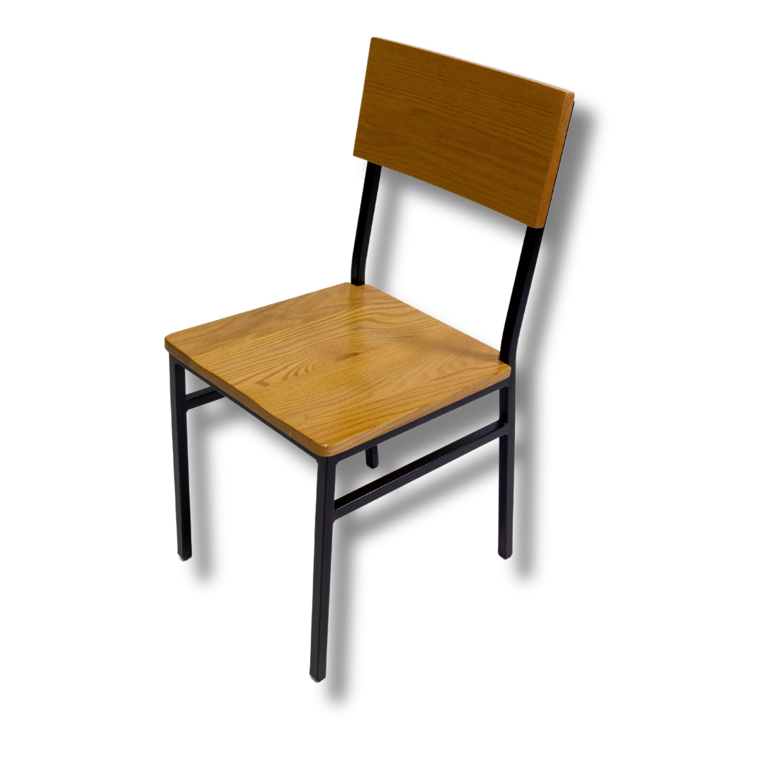 A traditional wooden dining chair with a vertical slat back and dark brown finish.