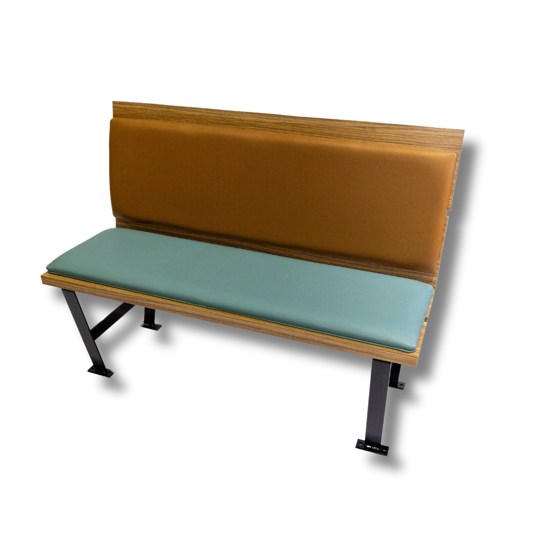 A stylish bench featuring a two-toned blue and beige upholstered seat with clean lines and black metal legs.