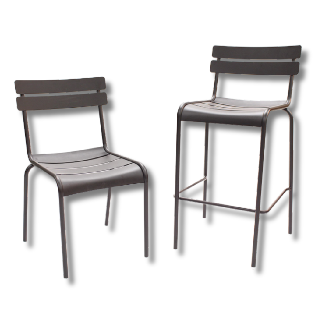 Two dark metal dining chairs with wooden seats. One is table height and one is bar height 