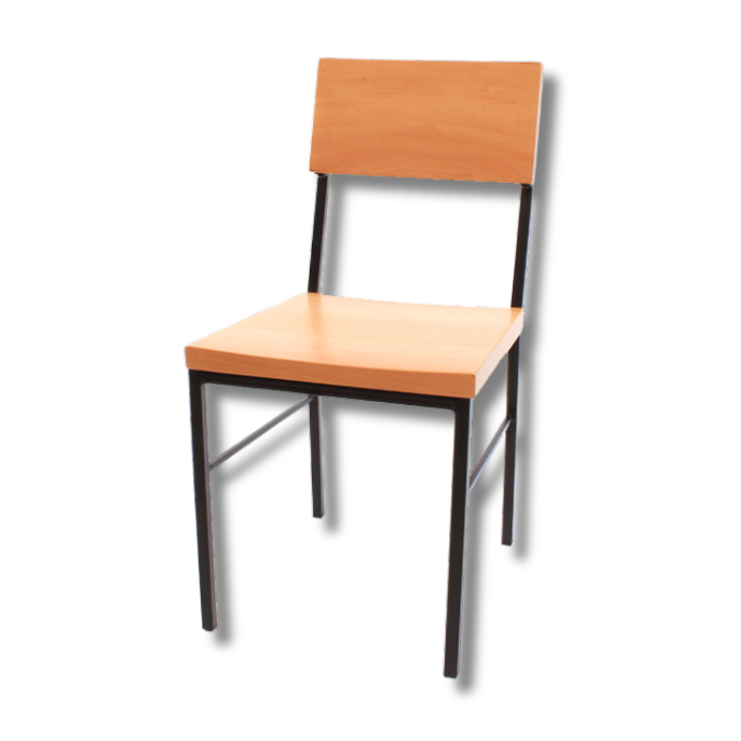 A simple, modern wooden chair with a tan seat and black frame against a white background.