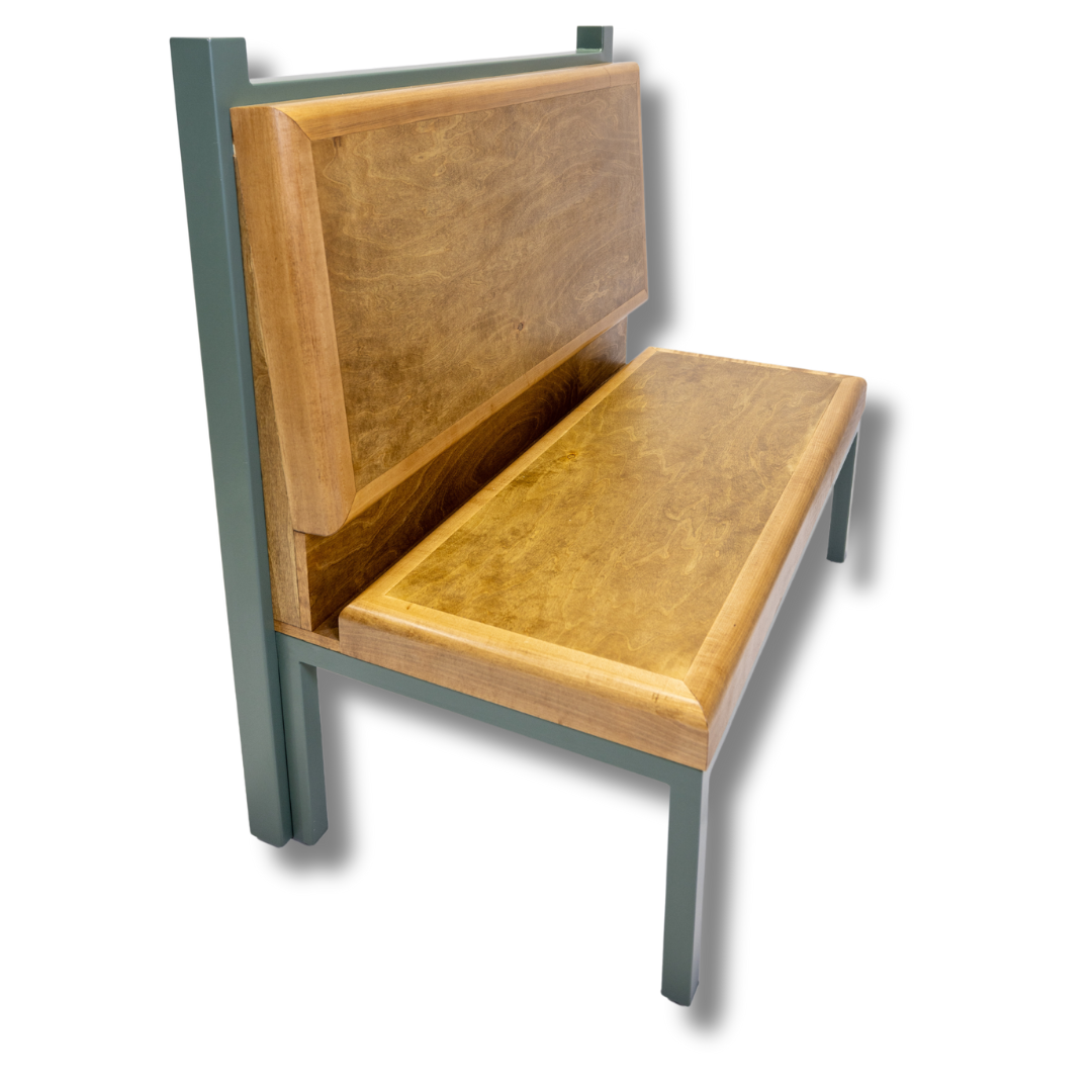 Front View of Two Person Oak Colored Bench with Grey Metal Legs